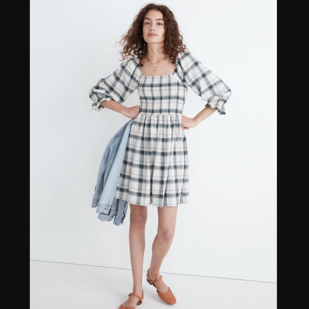 Madewell Lucie Elbow-Sleeve Smocked Mini Dress in Lebaum Plaid